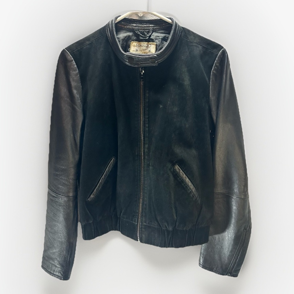 Mango Miranda Black Leather Moto Bomber Jacket Cropped Zip Up Women’s Size S - Picture 3 of 16
